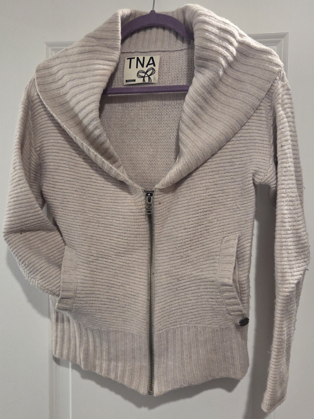 TNA Lightweight Ribbed Zip Cardigan in Light Cream